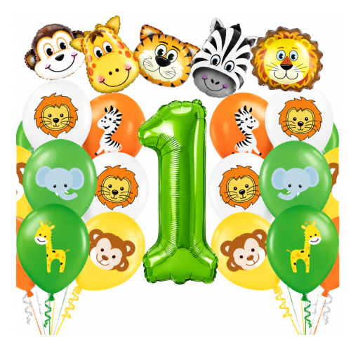 Zestaw balonów Urodziny Roczek z motywem Zwierząt Safari ZOO małpa lew.png