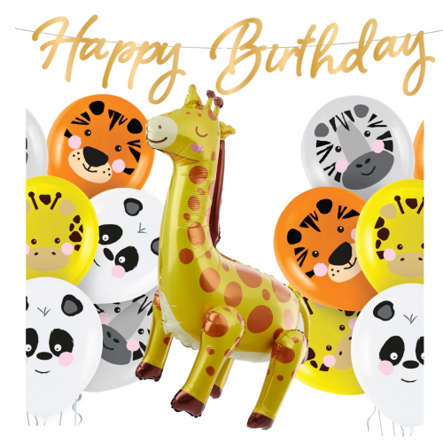 Zestaw balonów Safari Zoo zwierzątka URODZINY Roczek baner Happy Birthday.png