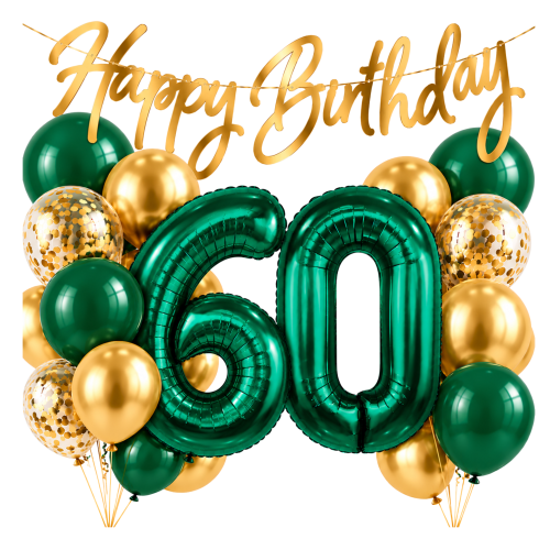 Balony Butelkowa Zieleń Cyfry 60 Urodziny 60tka zestaw balonów złote Baner .png
