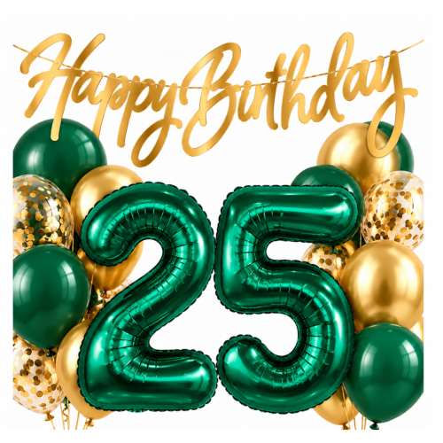 Balony Butelkowa Zieleń Cyfry 25 Urodziny 25 Lat zestaw balonów złote Baner.png
