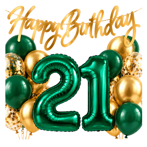 Balony Butelkowa Zieleń Cyfry 21 Urodziny 21 Lat zestaw balonów złote Baner.png